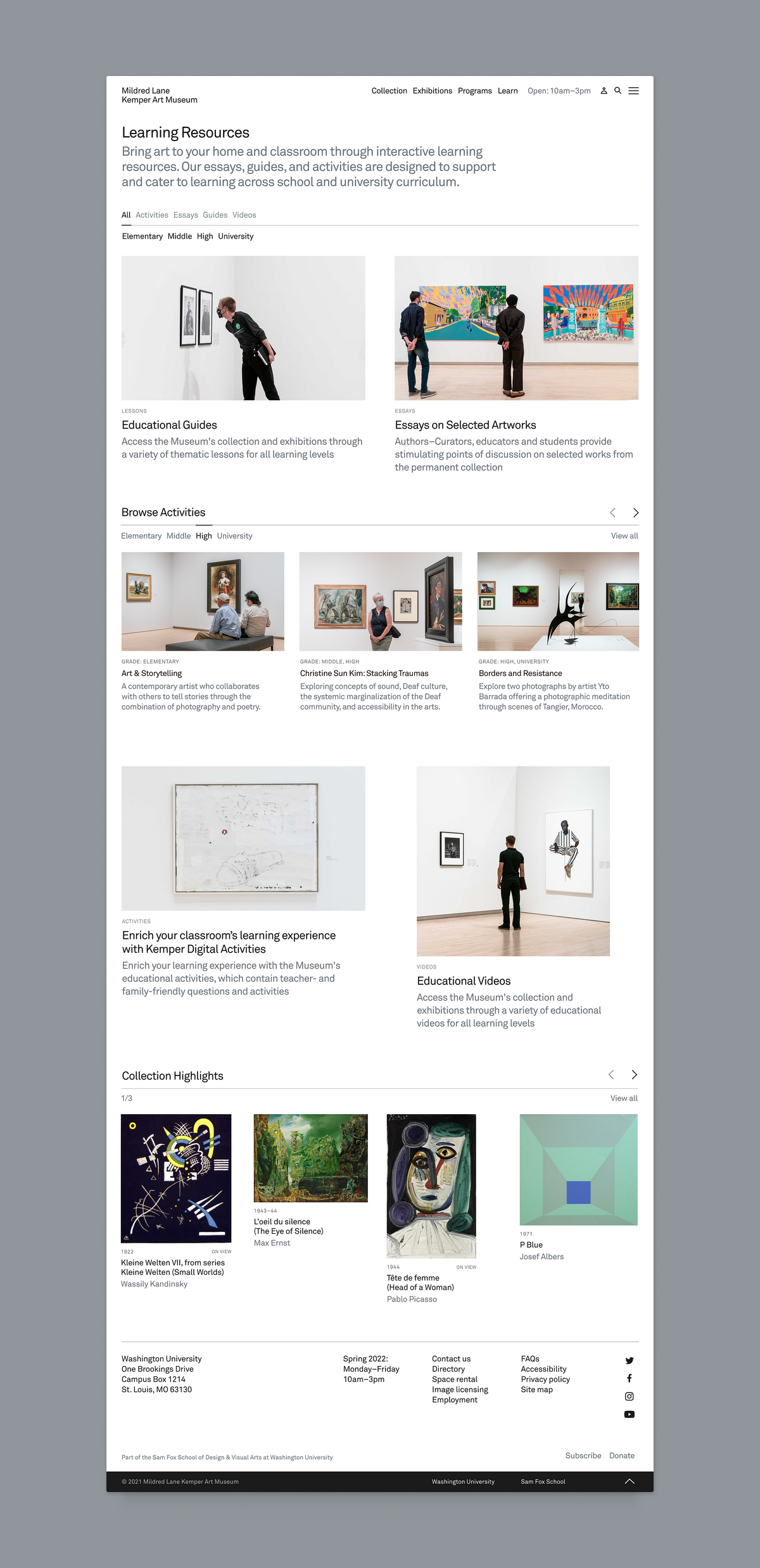 Image of the Learning resources page on the Kemper Art museum website.